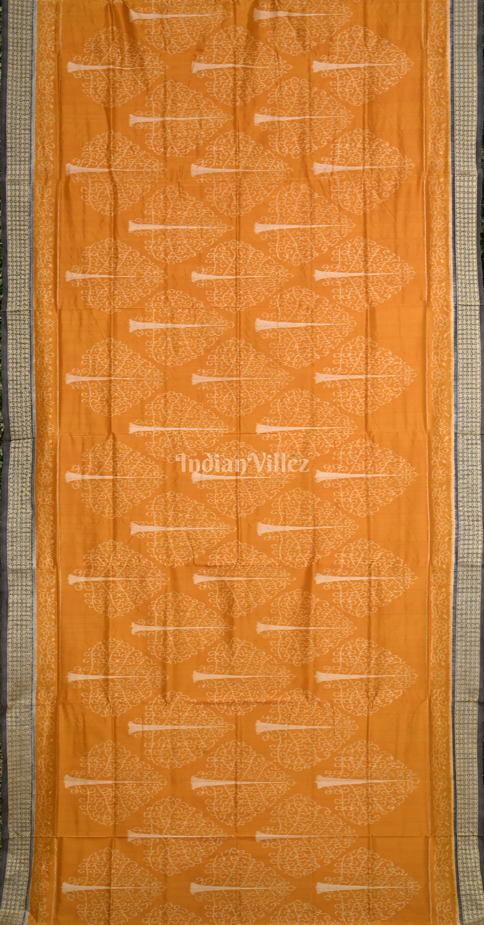 Mustard Yellow Black Tree Design Odisha Ikat Sambalpuri Silk Saree