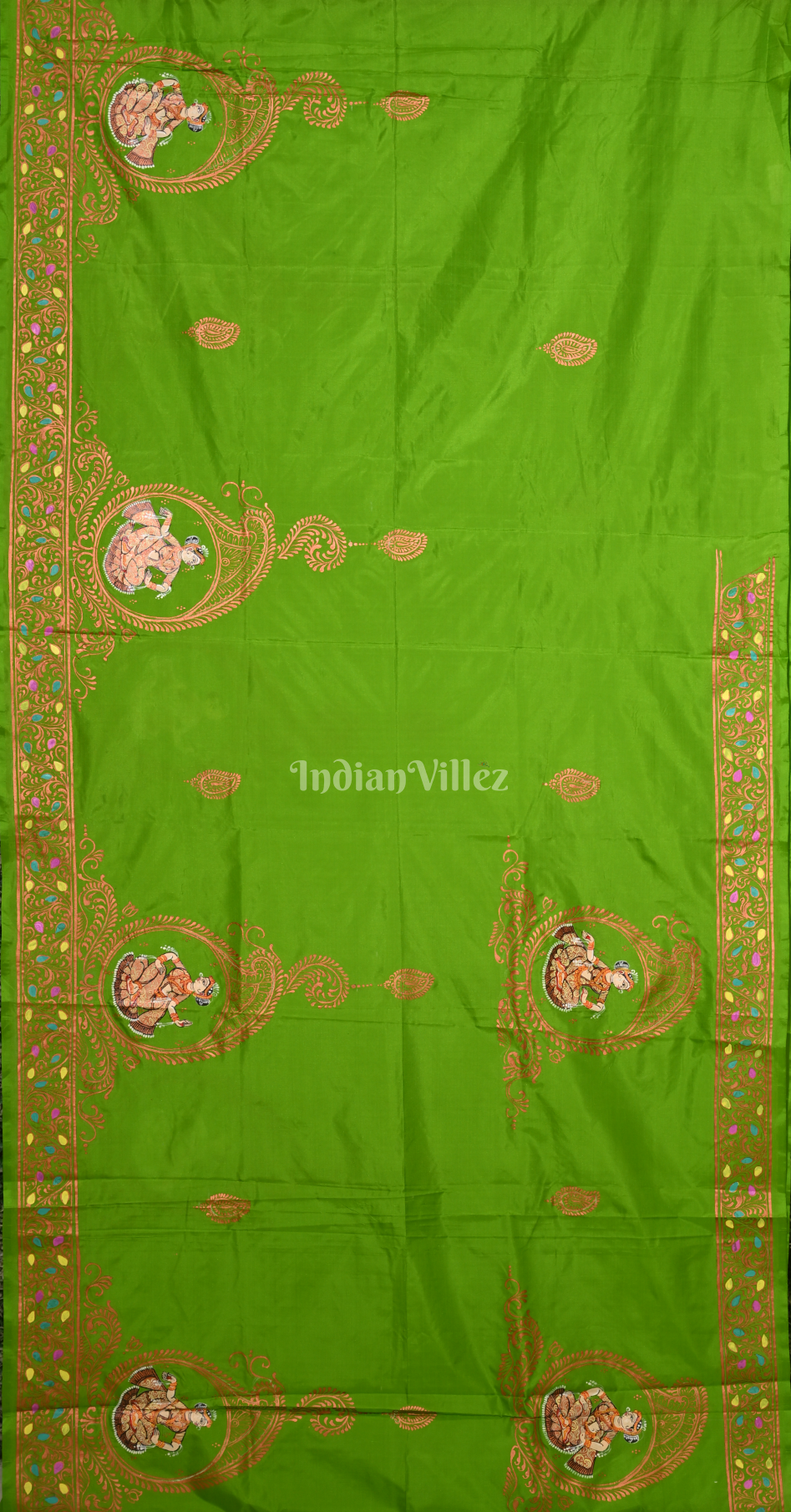 Parrot Green Doli Barat Hand-Painted Pattachitra Saree 
