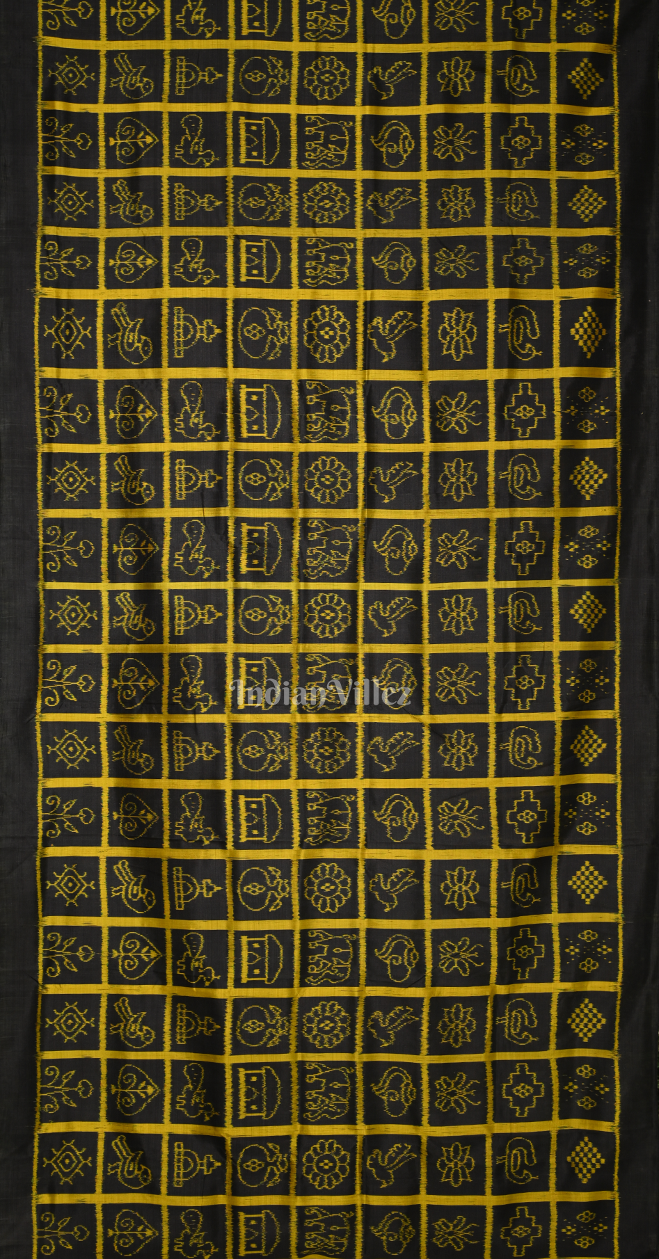 Black Yellow  Nabakothi Odisha Ikat Contemporary Designer Silk Saree with Jungle Anchal