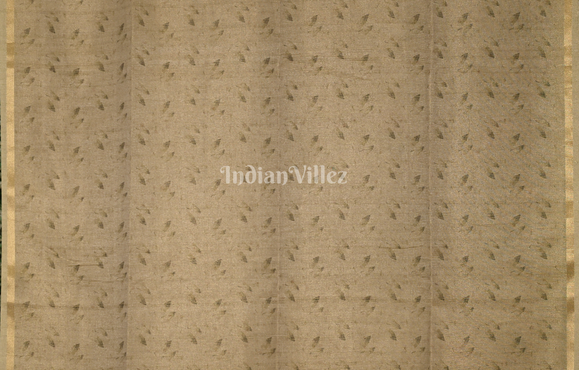 Beige Golden Tussar Silk Saree with Floral Embroidery Work