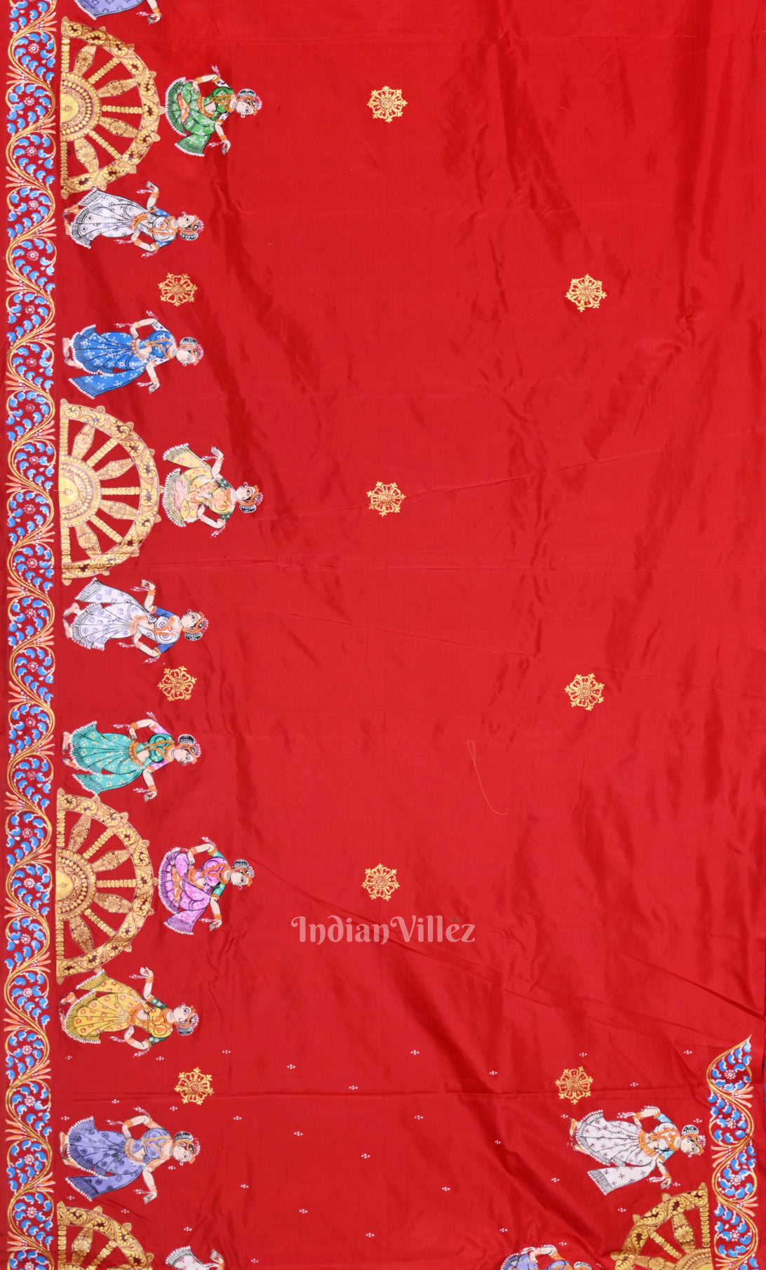 Red Green Nartaki Konark Temple Hand-Painted Pattachitra Saree