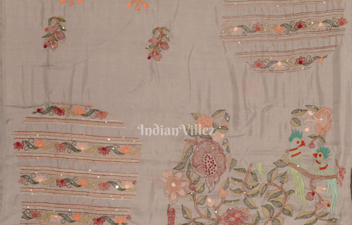 White Tusasr Silk Saree with Floral Hand Embroidery 