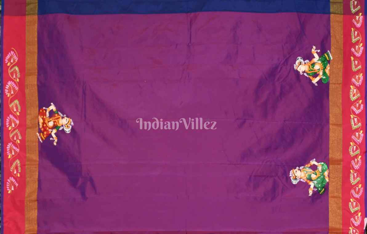 Blue Purple Raja Doli Theme Hand-Painted Pattachitra Saree 