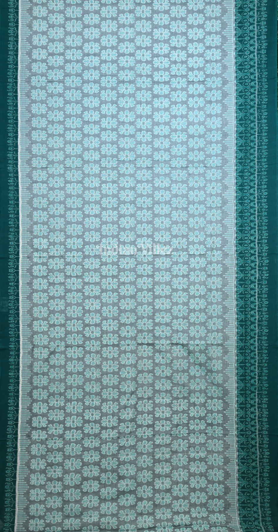 Light Blue Green Floral Theme Odisha Ikat Sambalpuri Cotton Saree 