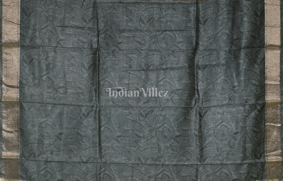 Light Yellow Grey Screen Printed Cotton Saree 