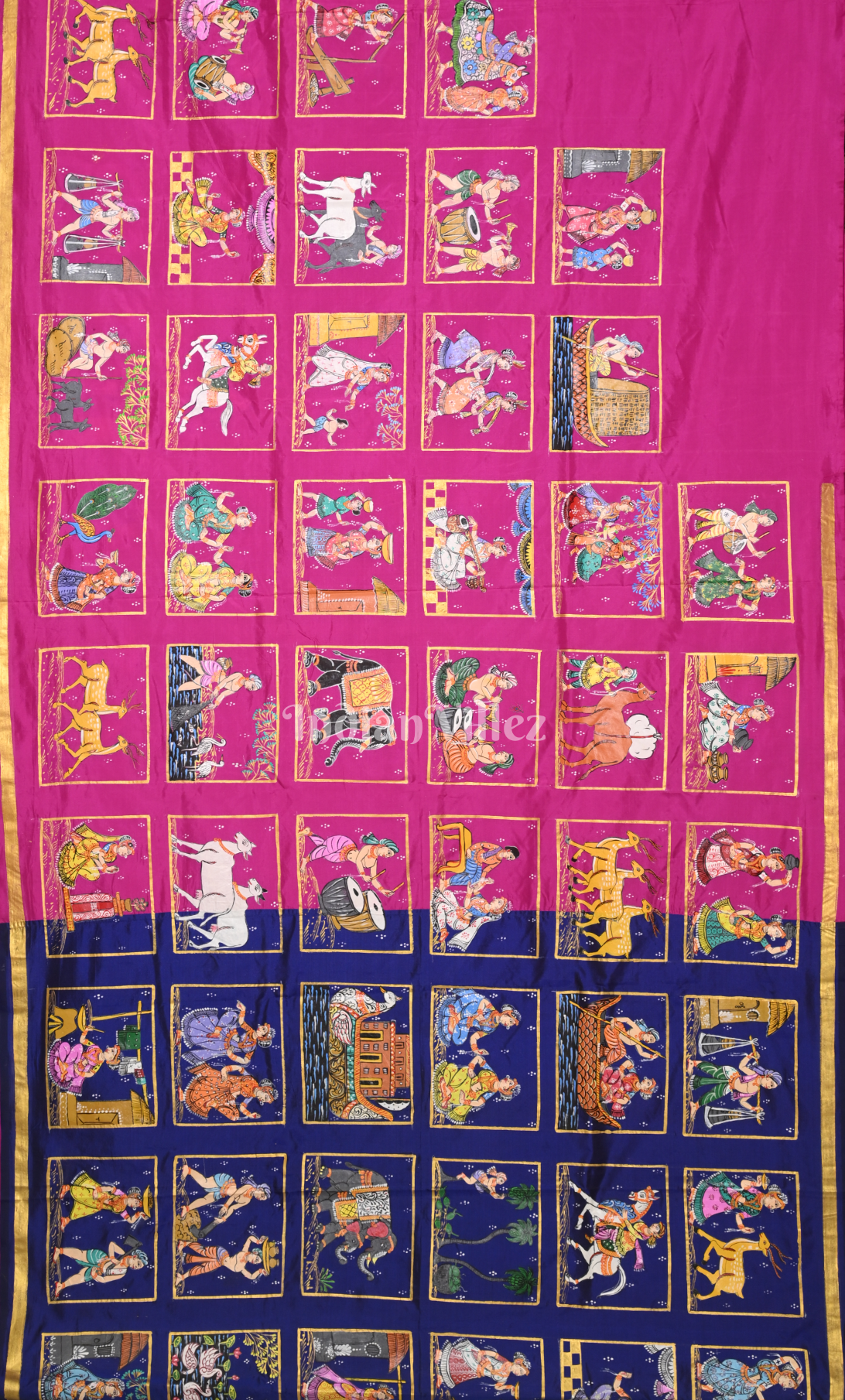 Blue Pink Krishna Raas Village Theme Hand- Painted Pattachitra Saree