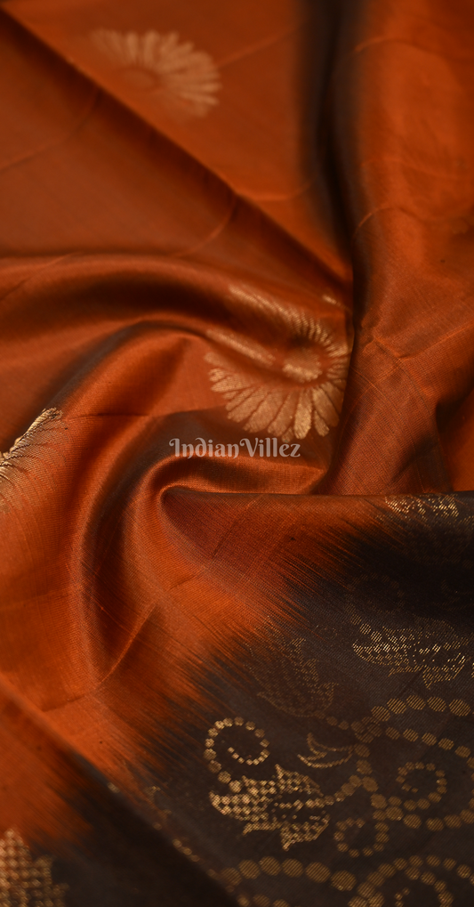 Rust Orange Coffee Floral Zari Pure Kanjivaram Soft Silk Saree