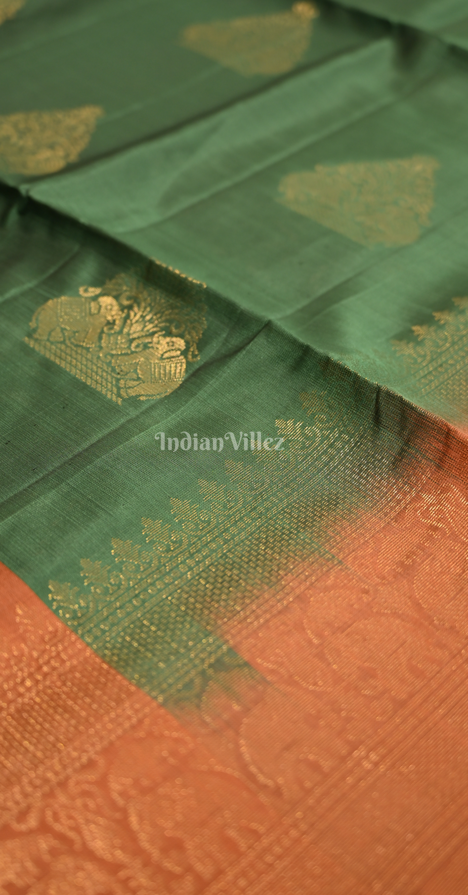 Green Rust Orange Zari Pure Kanjivaram Soft Silk Saree