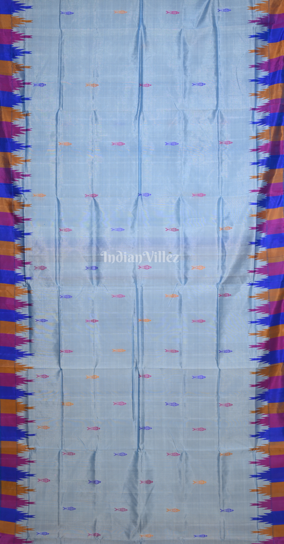 Sky Blue Fish Motif Double Pallu Berhampuri Silk Saree 