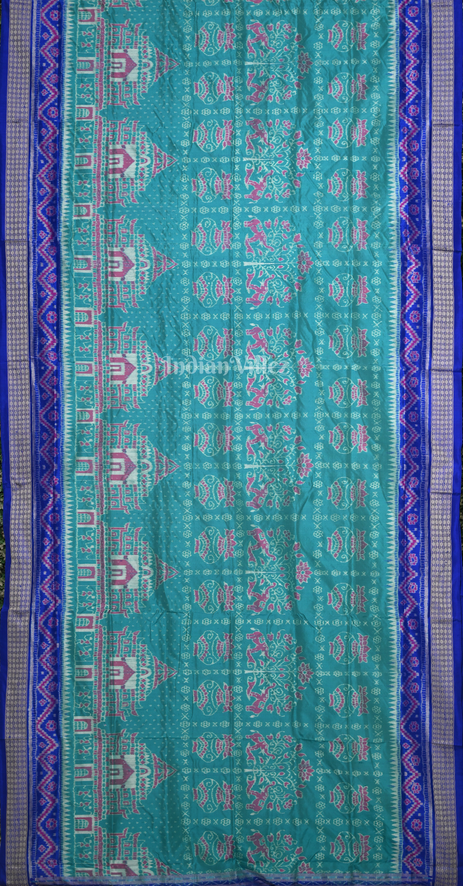 Sea Green Blue Konark Temple Theme Odisha Ikat Sambalpuri Silk Saree