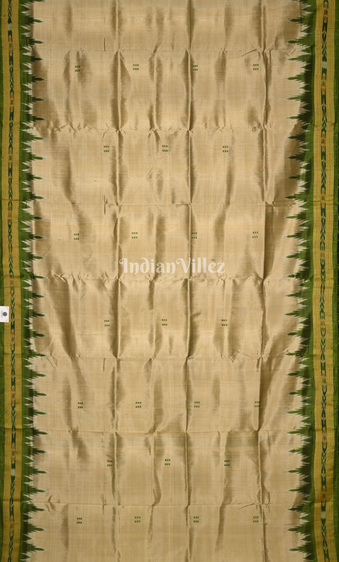 Cream Olive Green Buti Design Odisha Ikat Khandua Silk Saree 