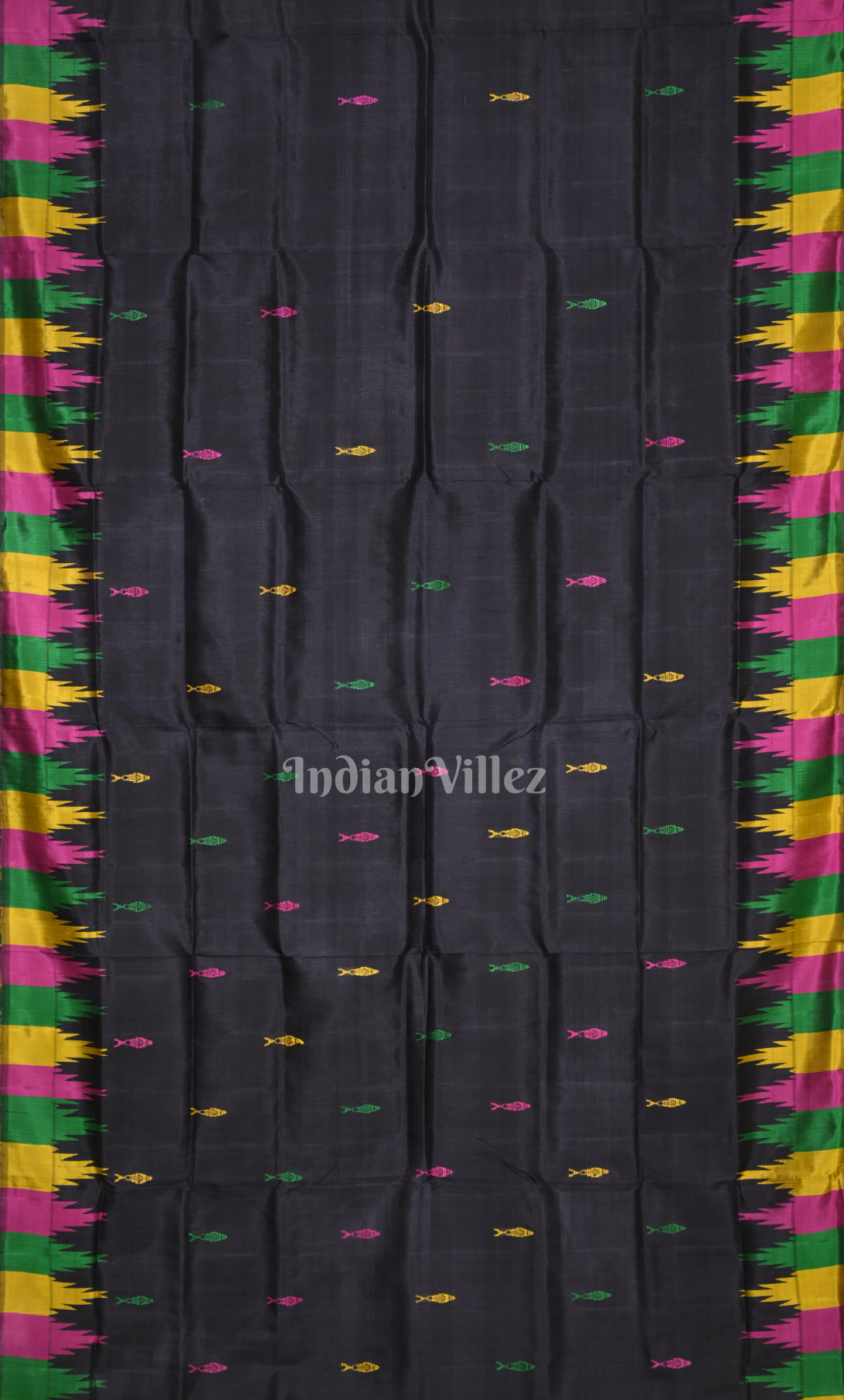 Black with Multicolor Fish Motif Double Pallu Berhampuri Silk Saree