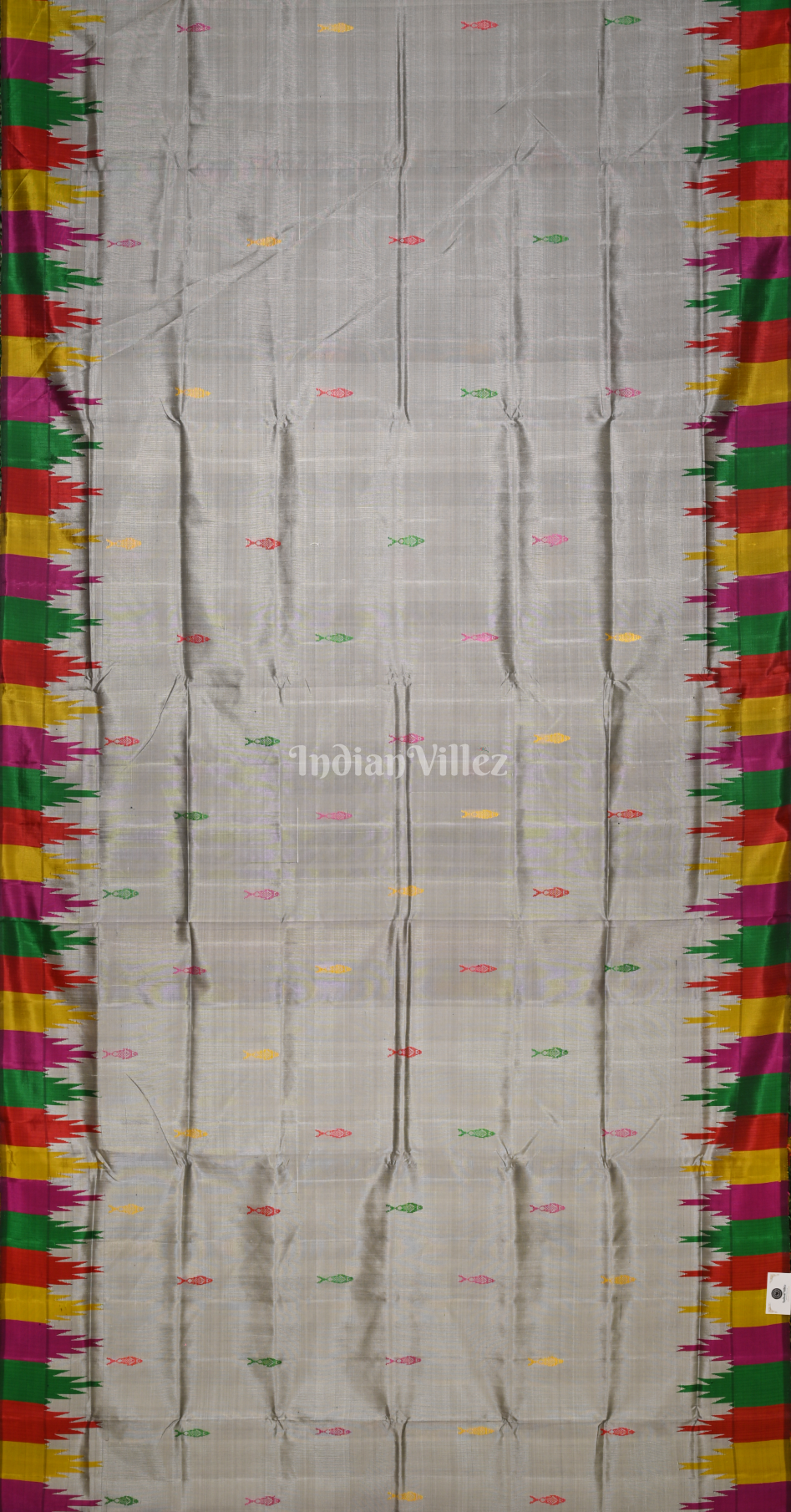 Powder Blue with Multi Colour Fish Motif Double Pallu Berhampuri Silk Saree 