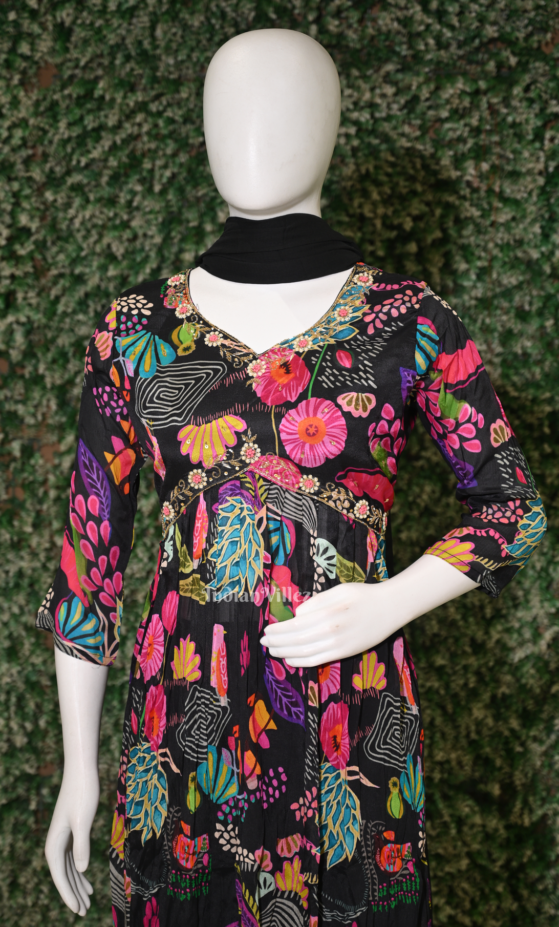 Black Floral Embroidered Alia Cut Kurta Plazzoo with Dupatta set 