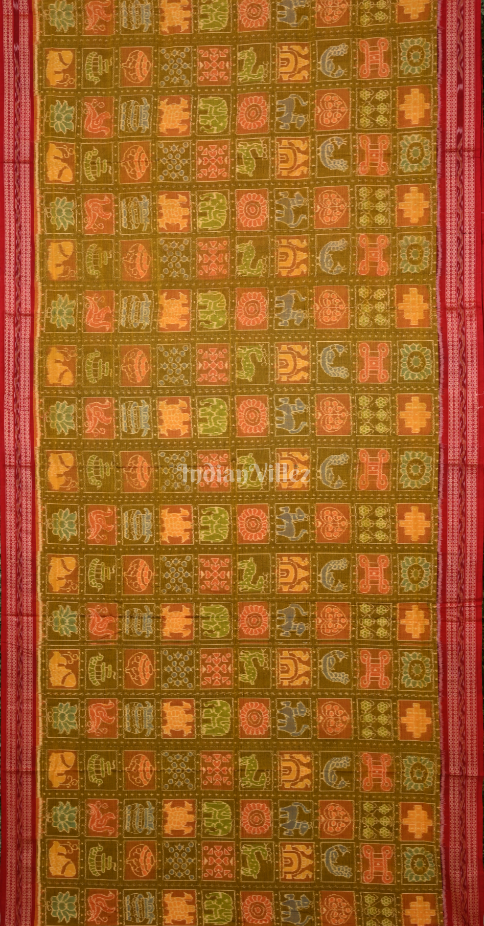 Moss Green Red Nabakothi Odisha Ikat Sambalpuri Cotton Saree 