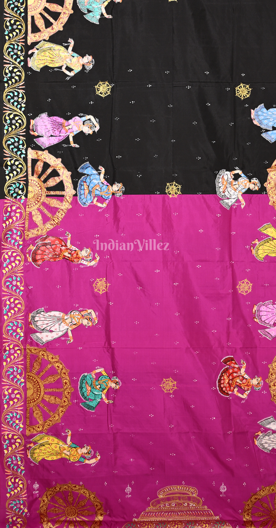 Rani Pink Black Nartaki Konark Temple Hand-Painted Pattachitra Saree 