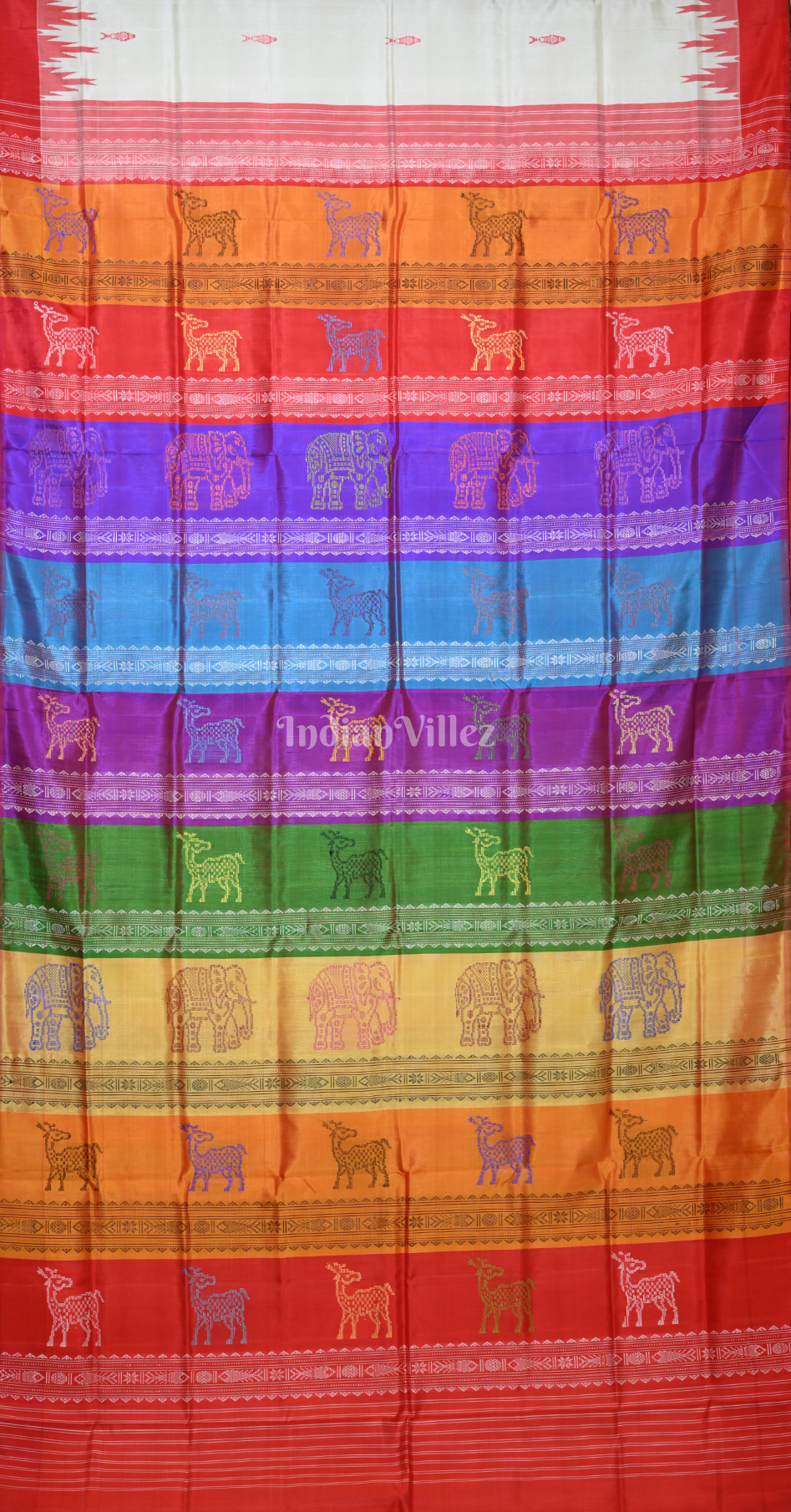 White Red Fish Motif Double Pallu Berhampuri Silk Saree 