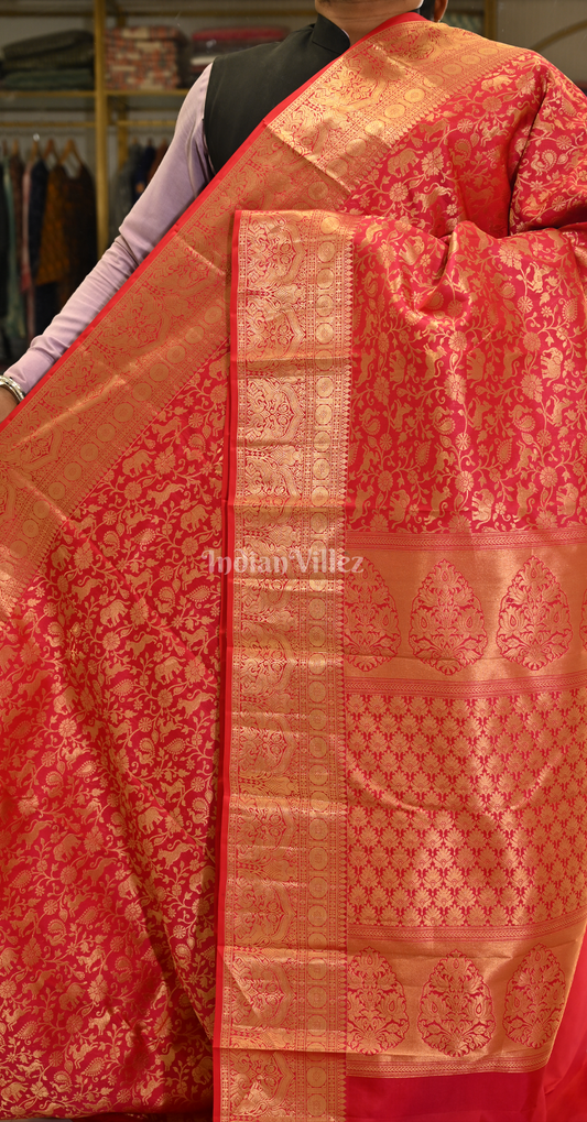 Exclusive Red Shikargah Brocade Pure Kanjivaram Silk Saree 