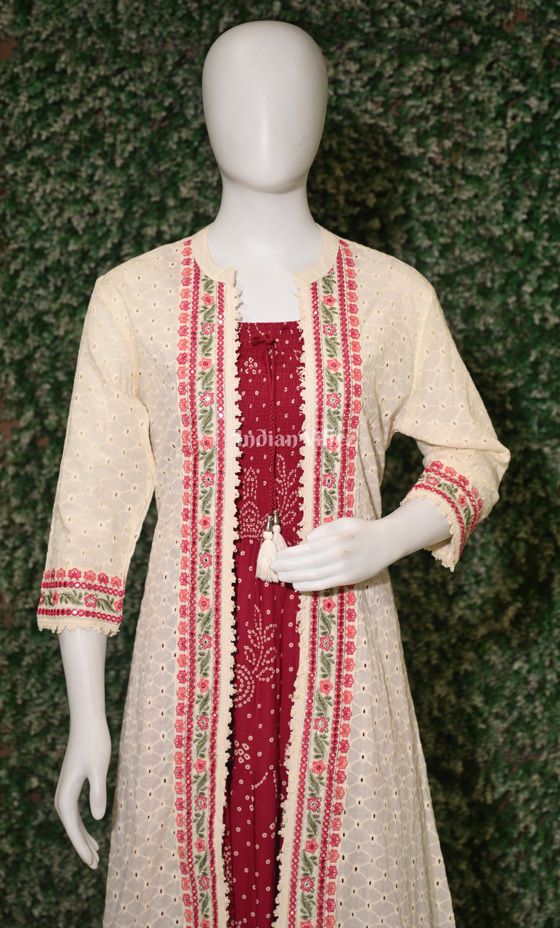 Red with Multicolor Floral Printed Shrug Gown