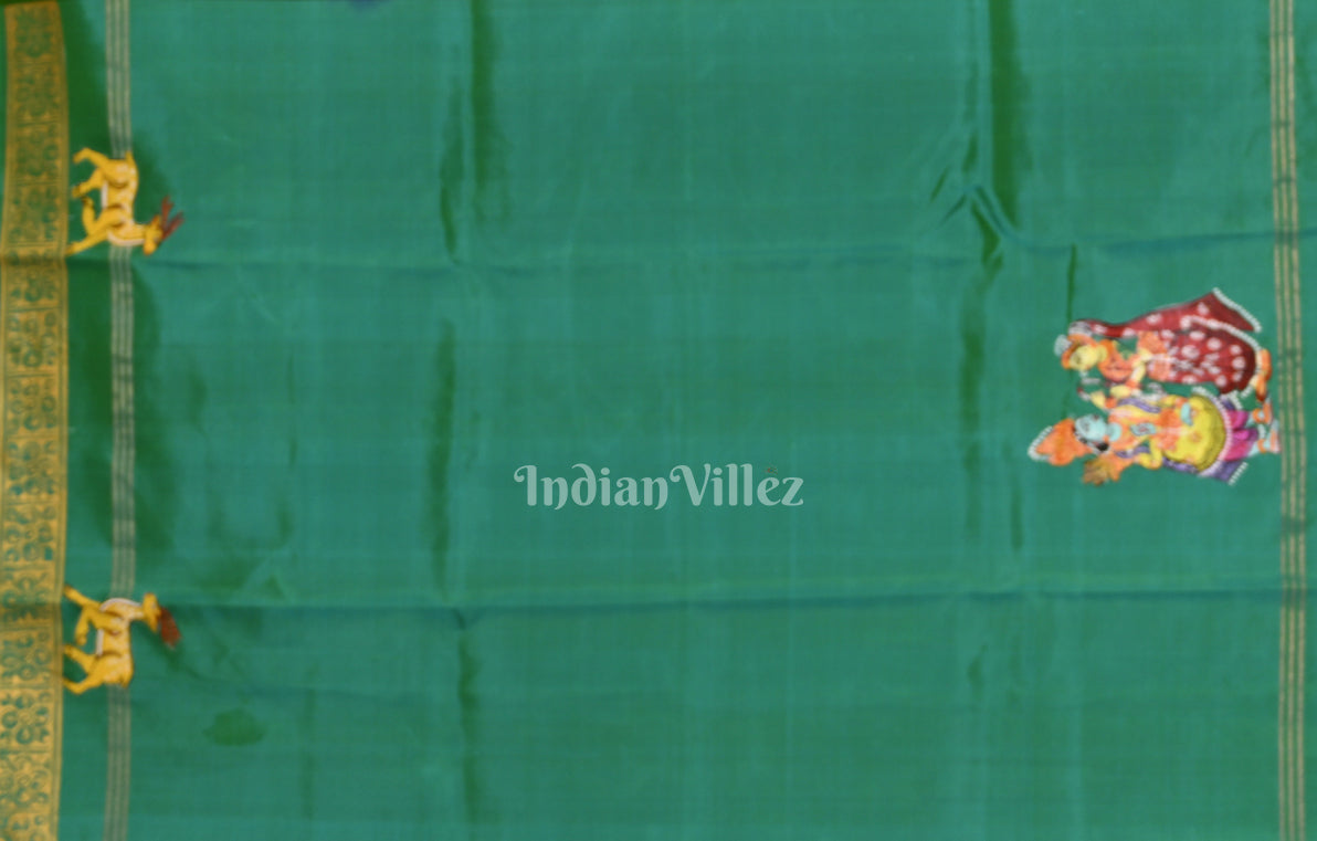 Purple Green  Ramayan Theme  Hand-Painted Pattachitra Saree 