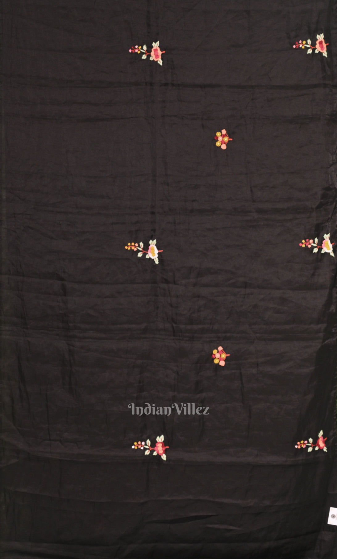  Deep Black Tusasr Silk Saree with Floral Hand Embroidery Work