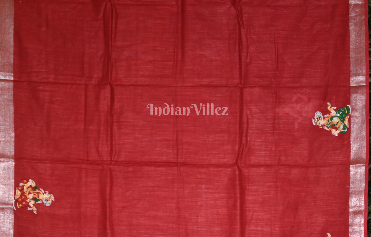 Maroon Krishna Raas Leela Hand-Painted Pattachitra Saree (Linen)