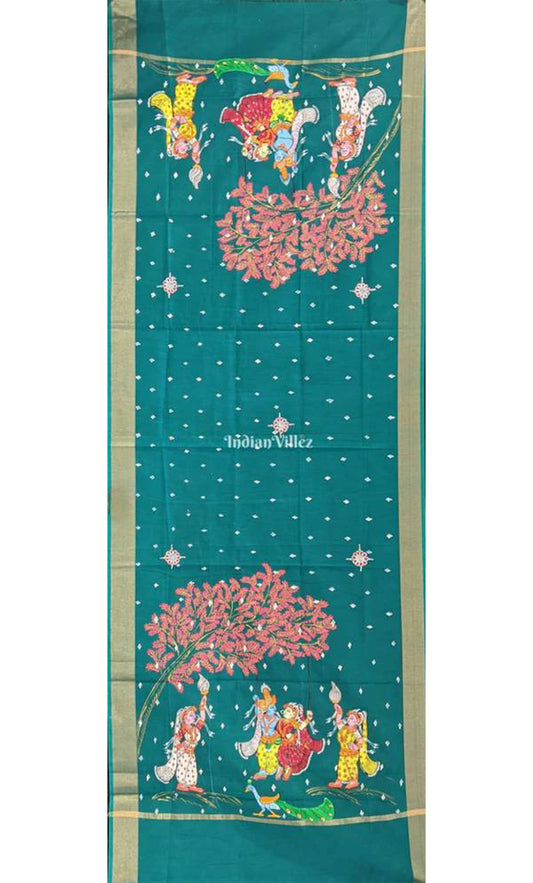 Jade Green Radha Krishna Pattachitra Art on Chanderi Dupatta