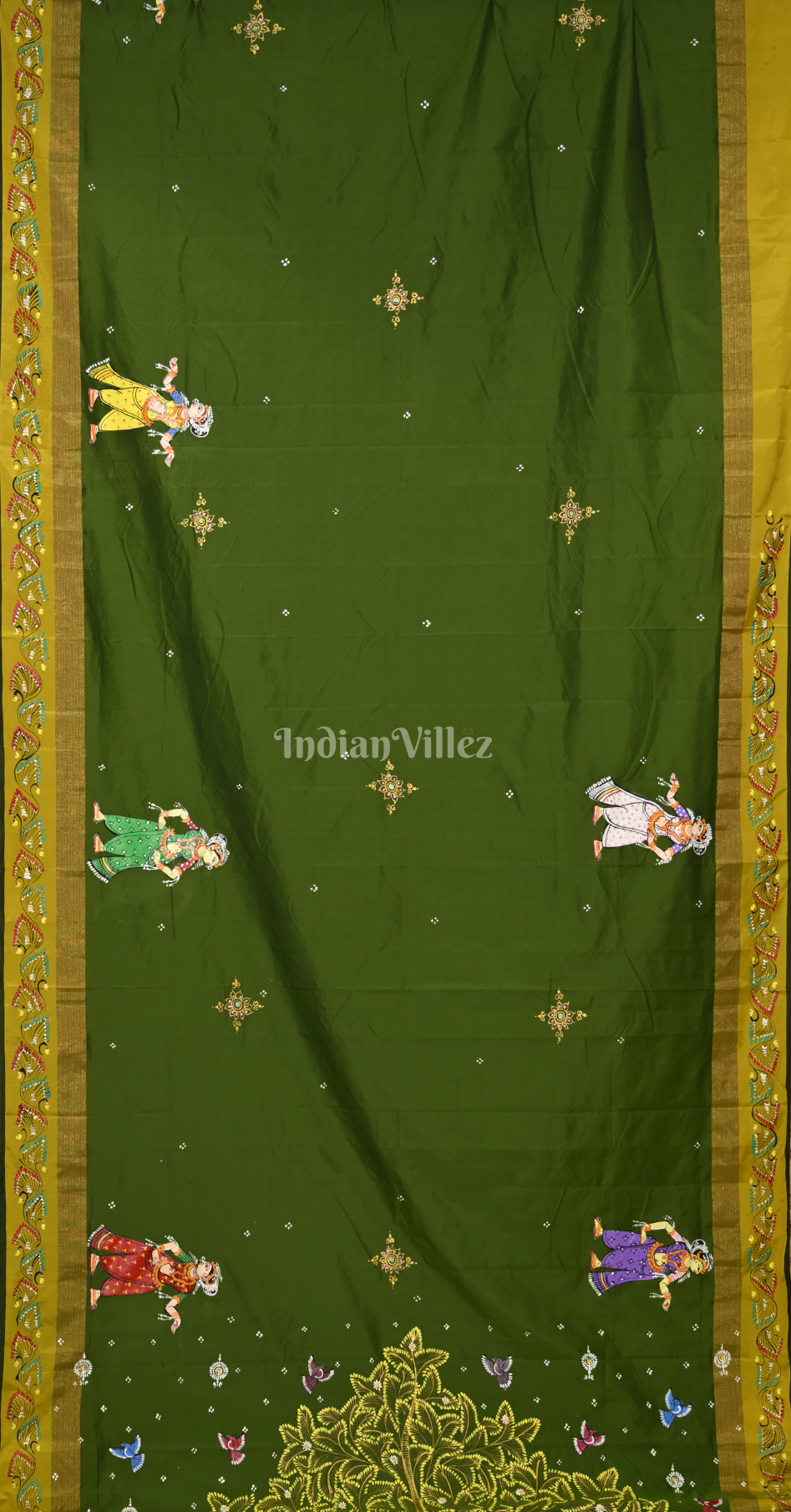 Mehendi Green Raja Doli Theme Hand-Painted Pattachitra Saree 