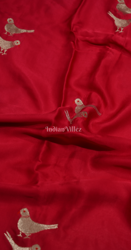 Exclusive Red Bird Motif Pure Satin Crepe Silk Banarasi Saree