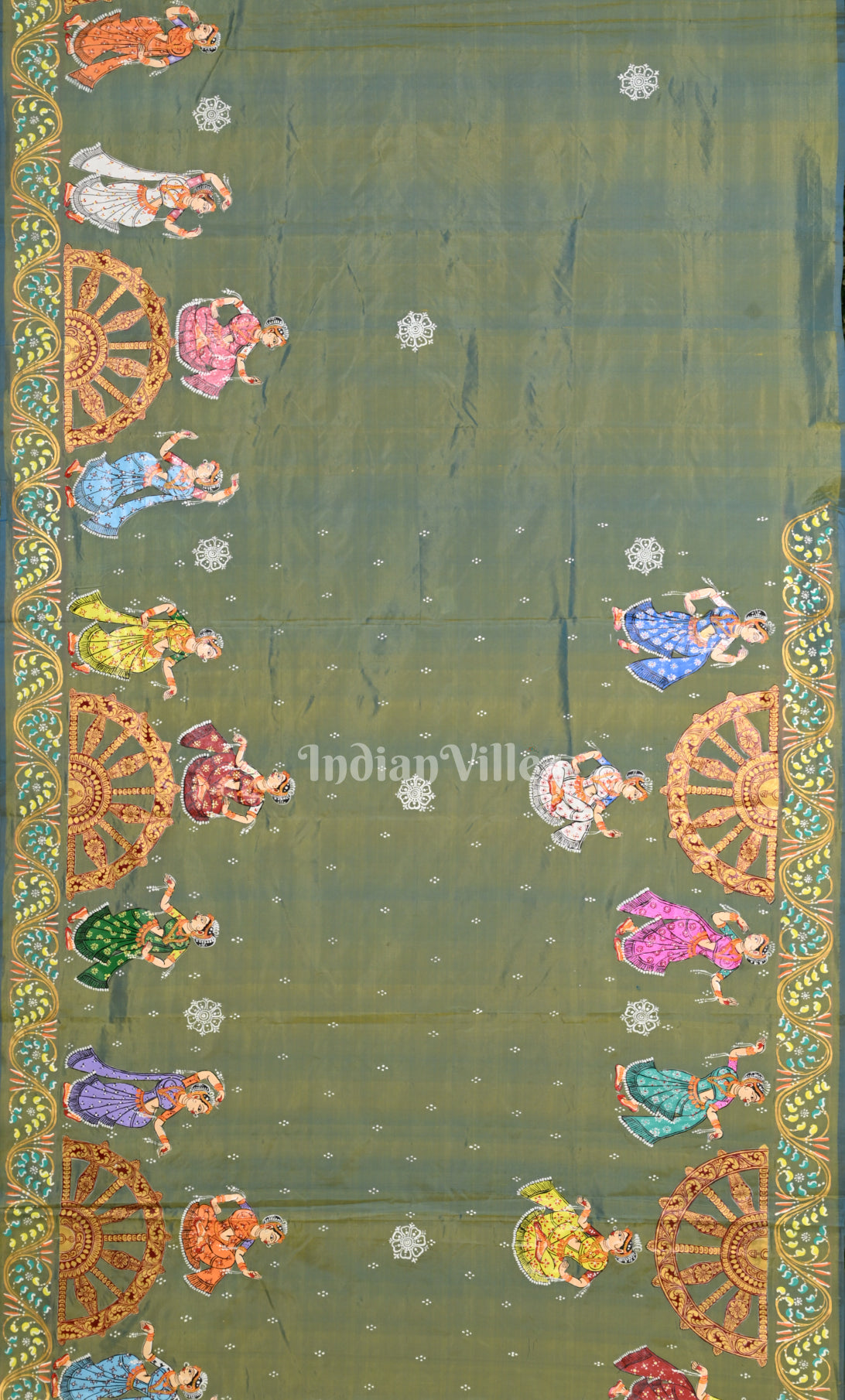 Pista Green Red Dual Tone Nartaki Konark Temple Hand-Painted Pattachitra Saree