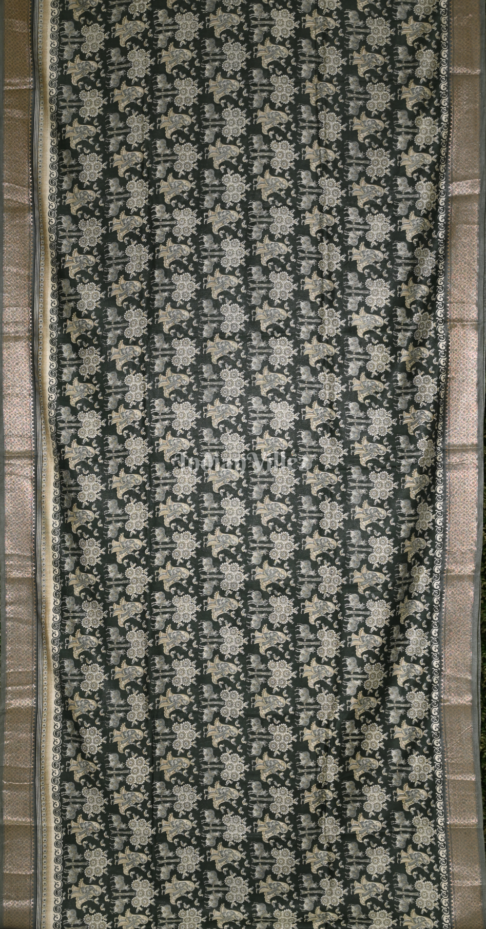 Green Grey Screen Printed Cotton Saree