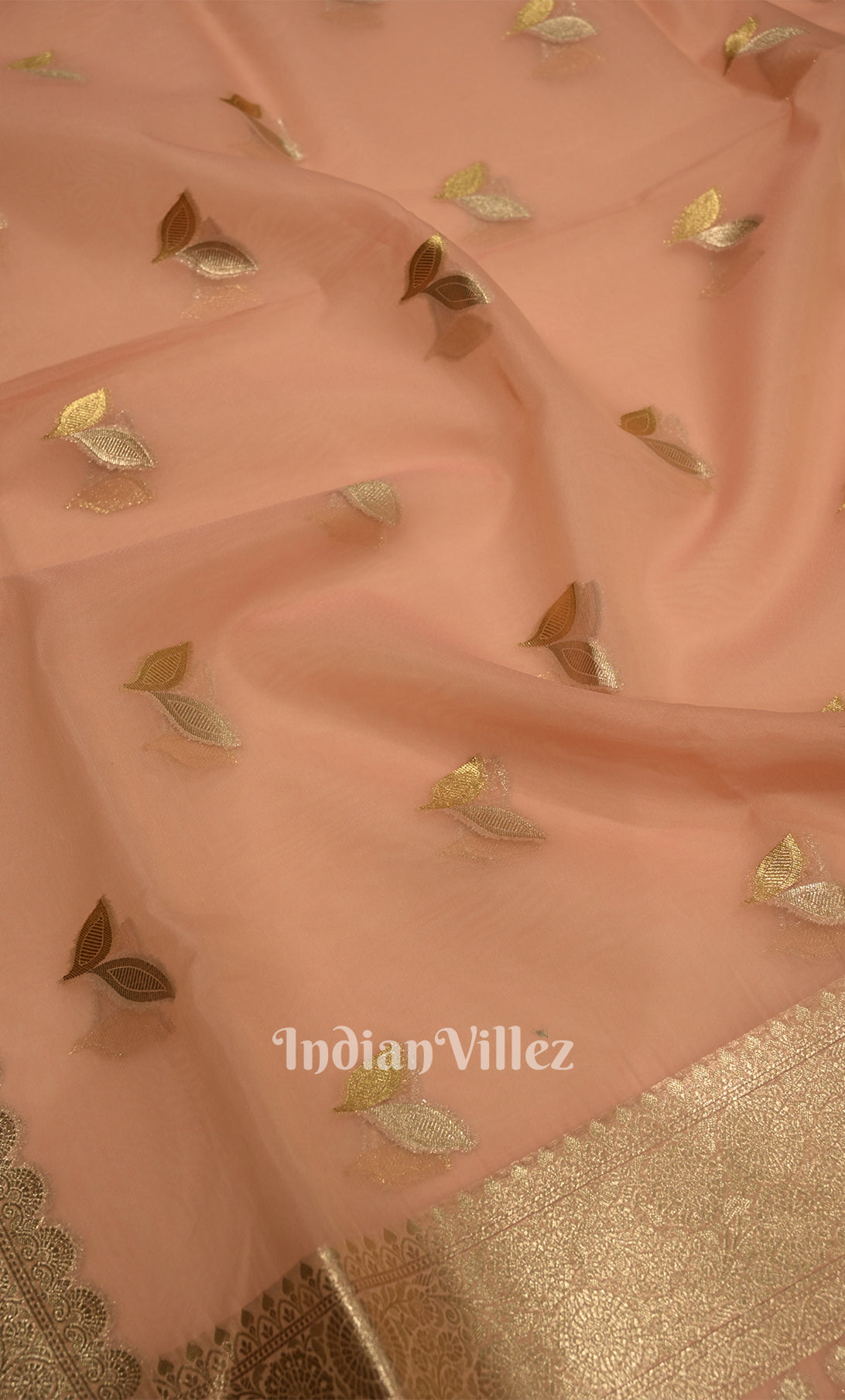 Peach Floral Motif Chanderi Banarasi Silk Saree