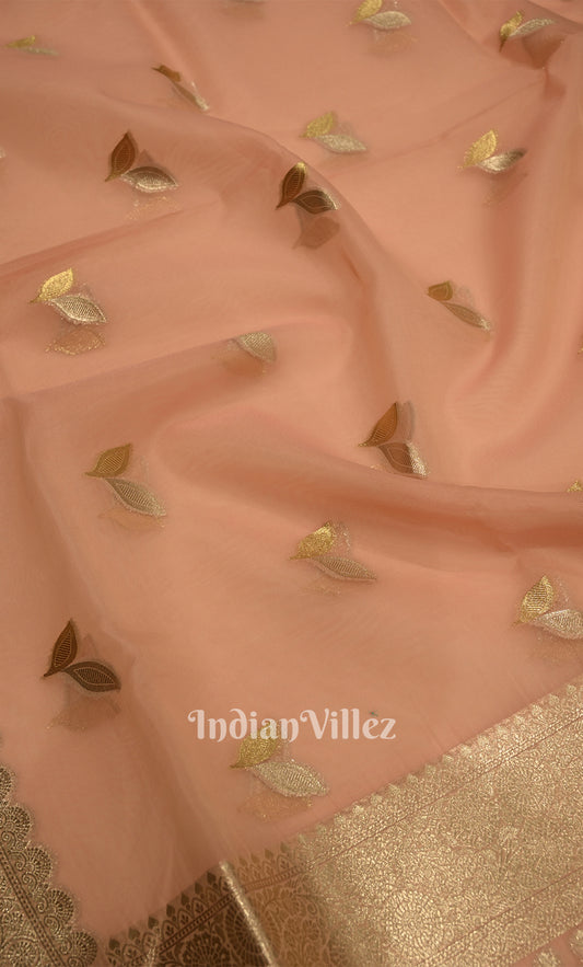 Peach Floral Motif Chanderi Banarasi Silk Saree
