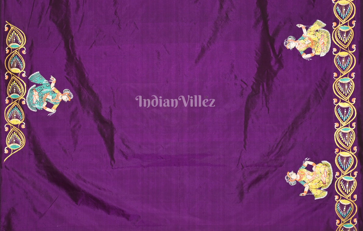 Purple Kandarpa Ashwa Hand-Painted Pattachitra Saree 
