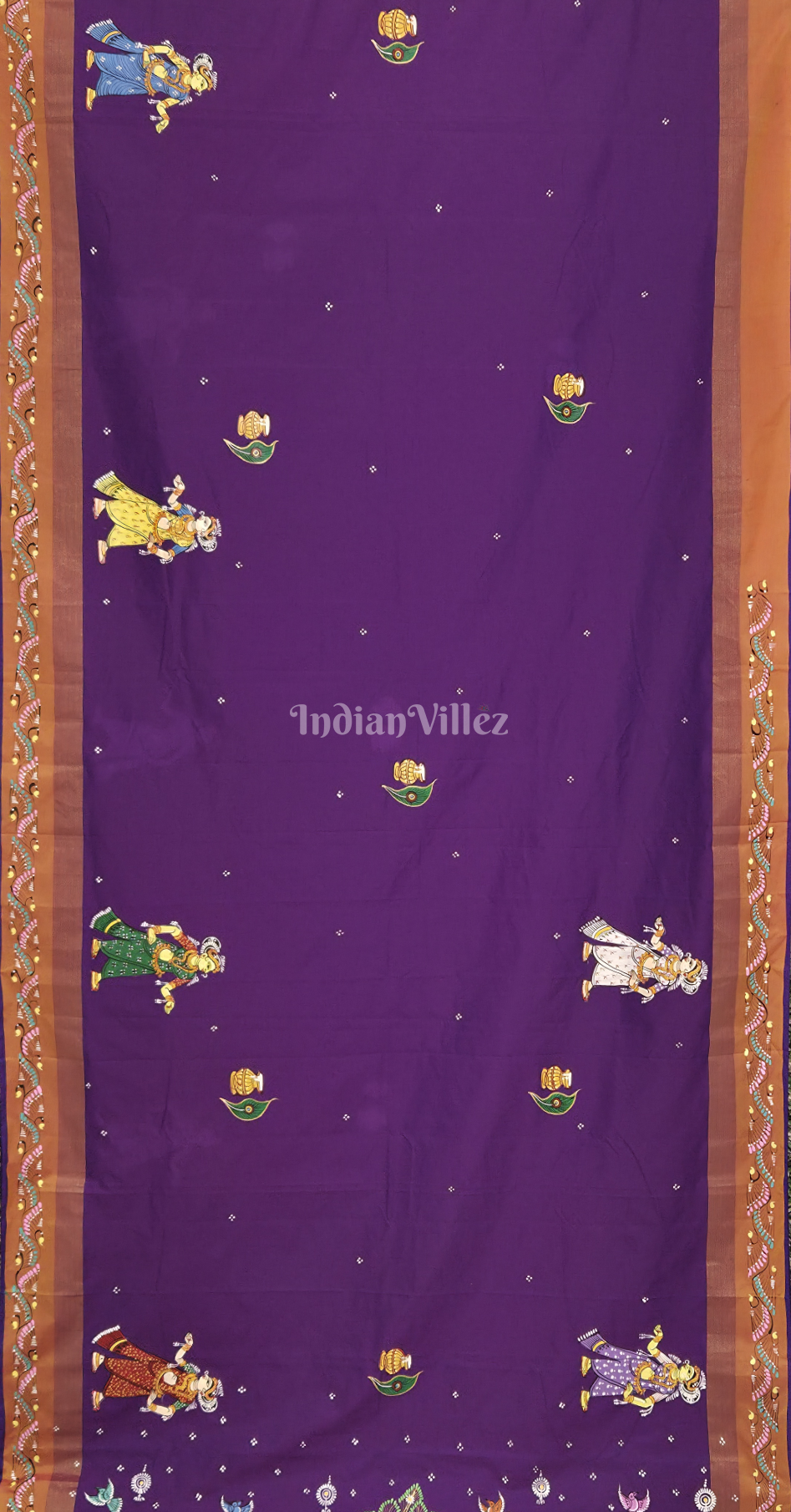 Purple Brown Dandiya Raas Theme Hand-Painted Pattachitra Saree