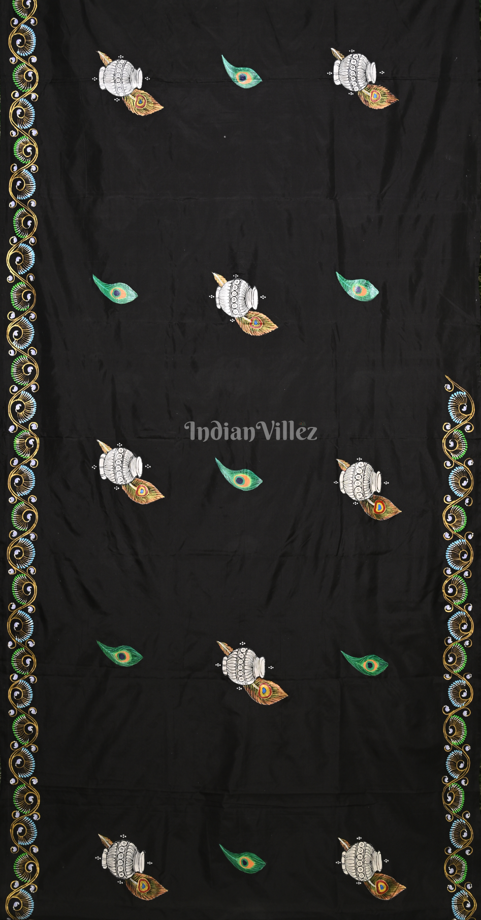 Black Peacock Theme Hand-Painted Pattachitra Saree 