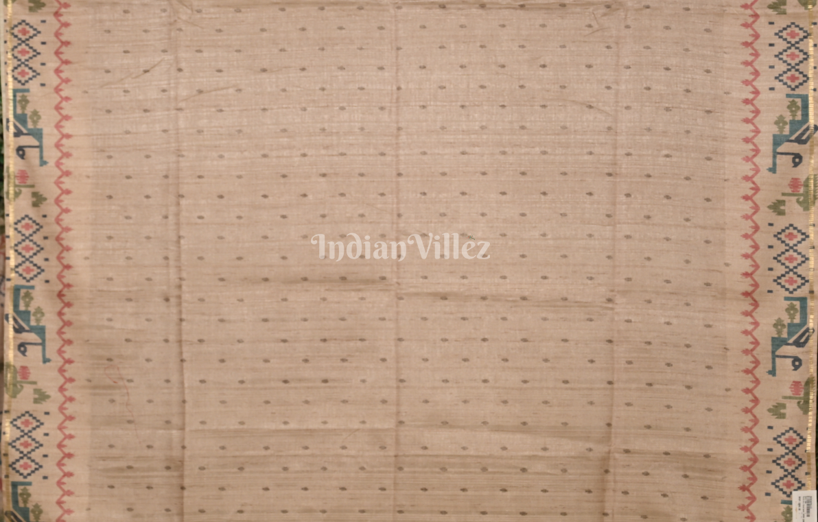 Sage Green Beige Tusasr Silk Saree with Floral Embroidery Work 