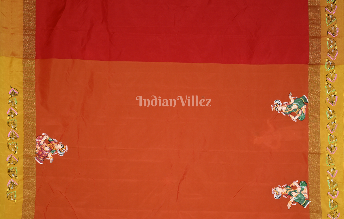 Red Nartaki Theme Hand-Painted Pattachitra Saree 
