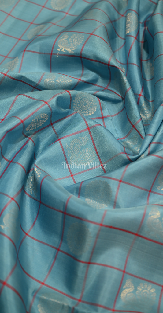Sky Blue Red Checks Pure Kanjivaram Soft Silk Saree