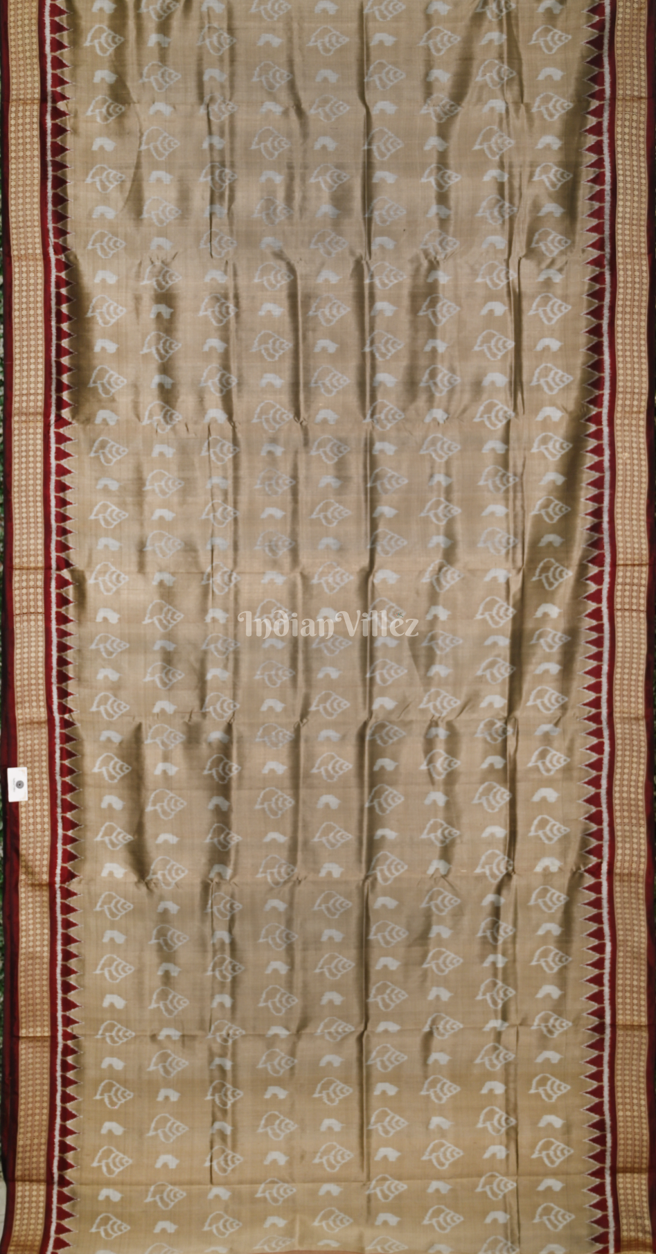 Beige Maroon  Sankha Theme Odisha Ikat Sambalpuri Silk Saree with Elephant Anchal 