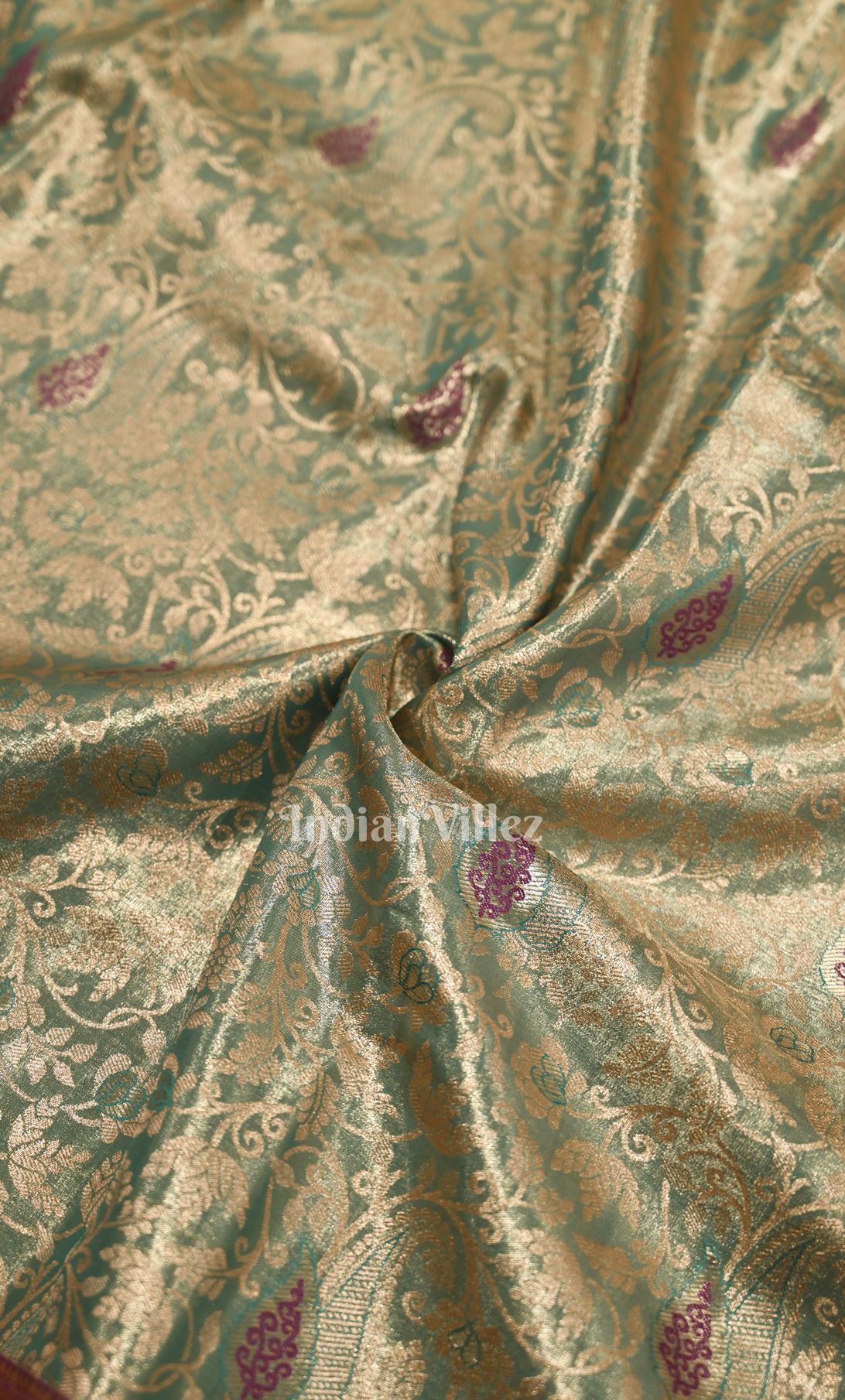 Turquoise  Green Wine Brocade Pure Kanjivaram Tissue Silk Saree 
