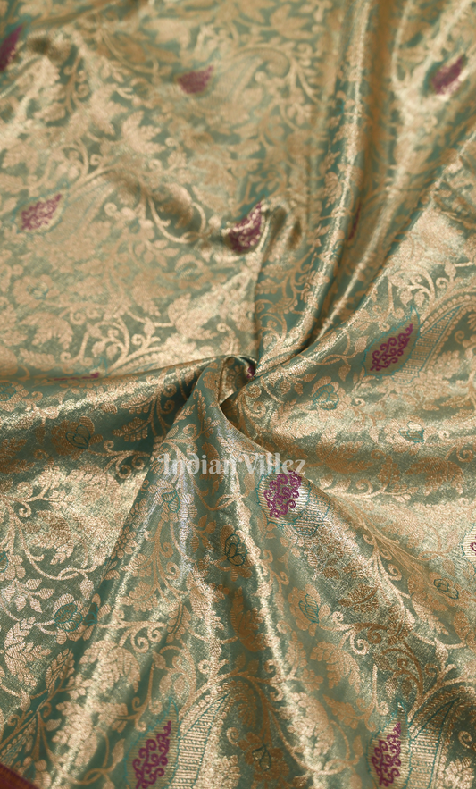 Turquoise  Green Wine Brocade Pure Kanjivaram Tissue Silk Saree 