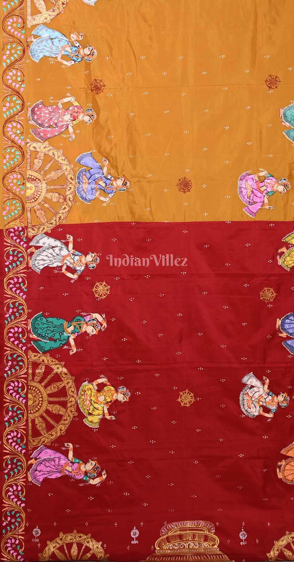 Red Mustard Yellow Nartaki Konark Temple Hand-Painted Pattachitra Saree