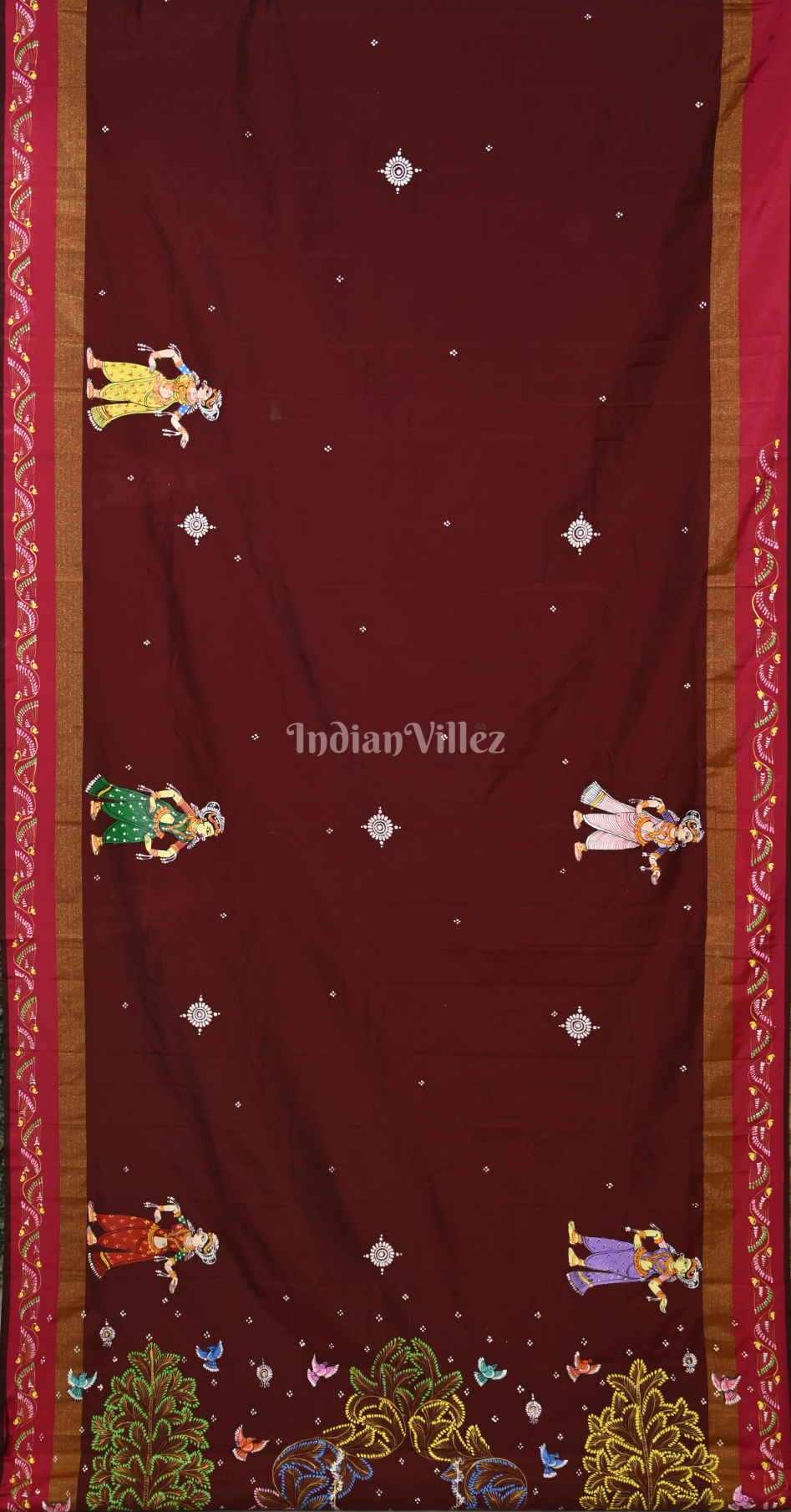 Maroon Radha Krishna Doli Theme Hand-Painted Pattachitra Saree 