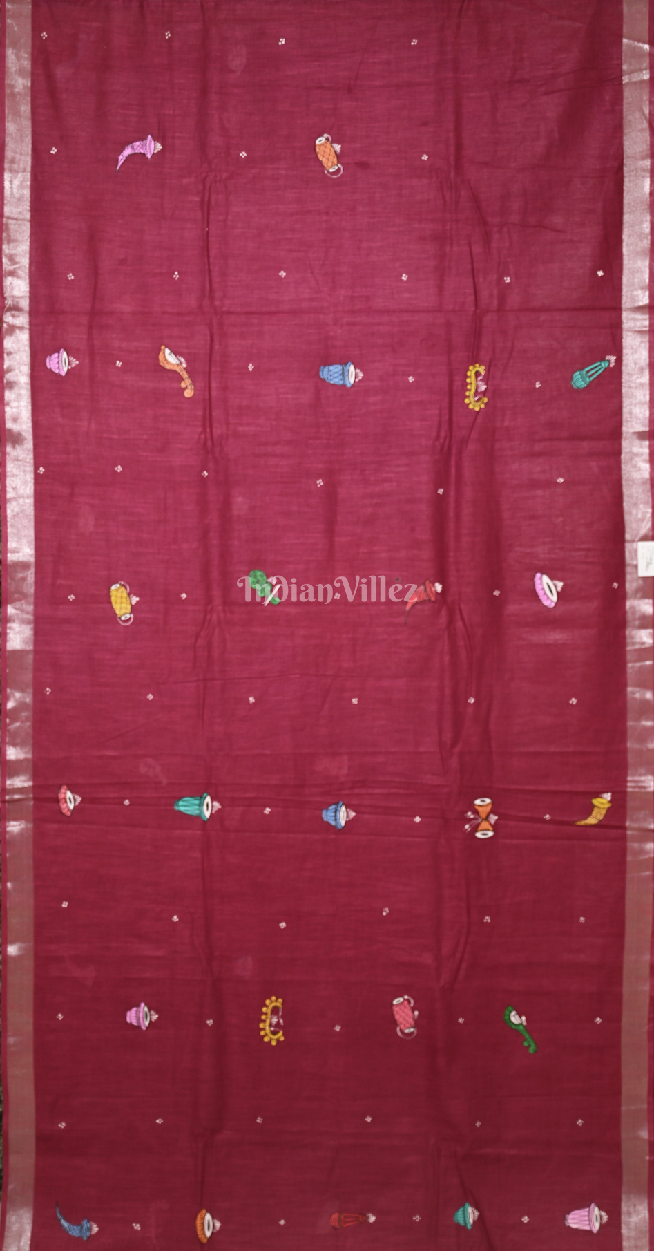 Maroon Musical Theme Hand-Painted Pattachitra Saree