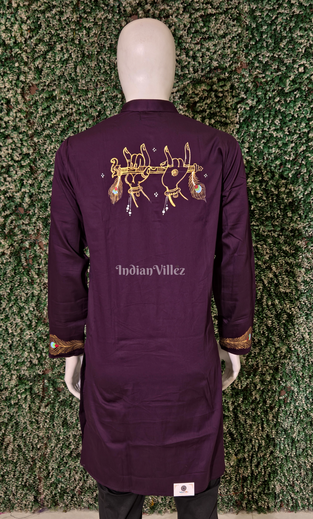 Violet Radha Krishna Murali Theme Hand-Painted Pattachitra Kurta (Cambric Cotton) 