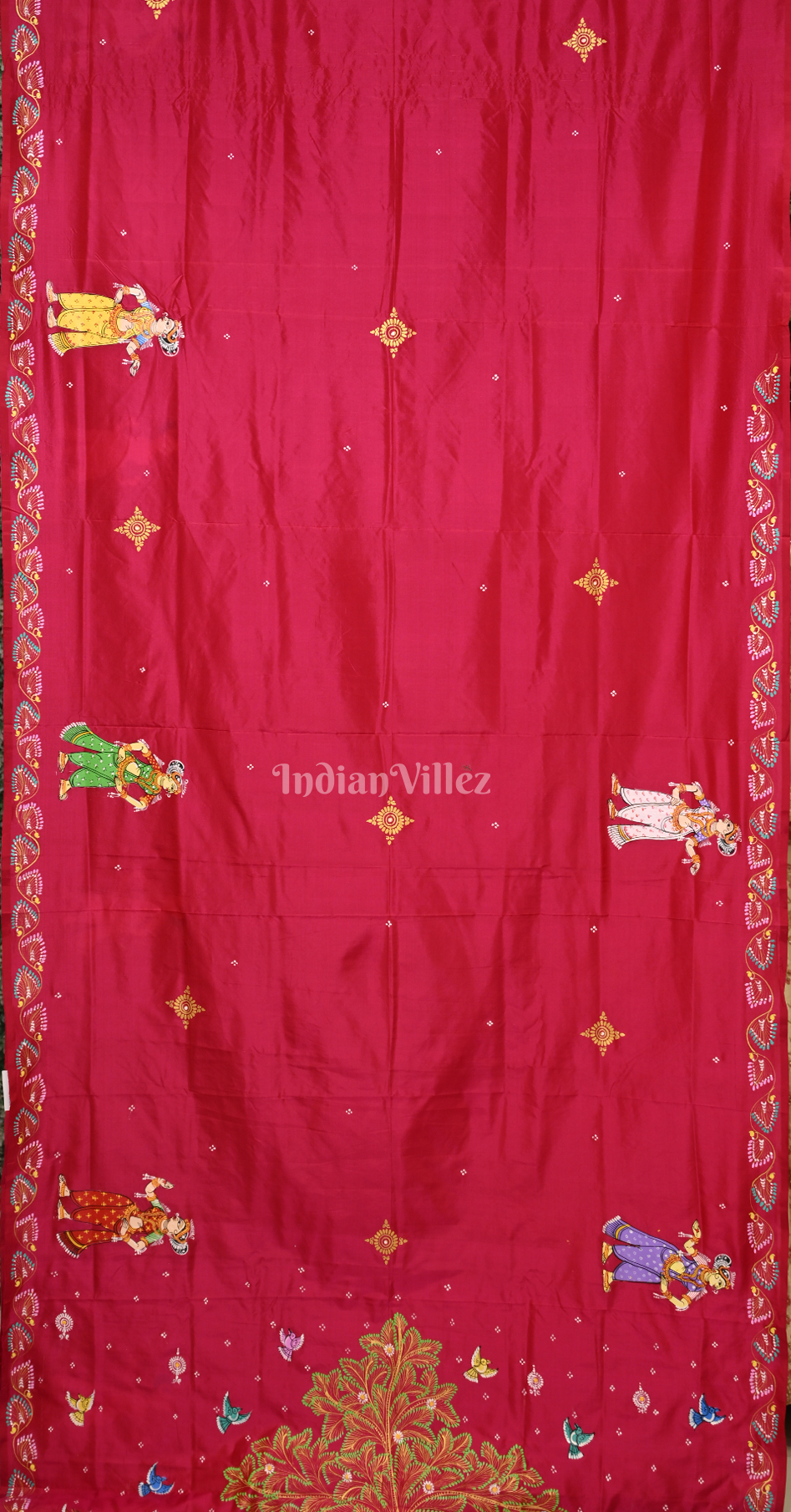 
Magenta Pink Krishna Rasa Leela Hand-Painted Pattachitra Silk Saree
