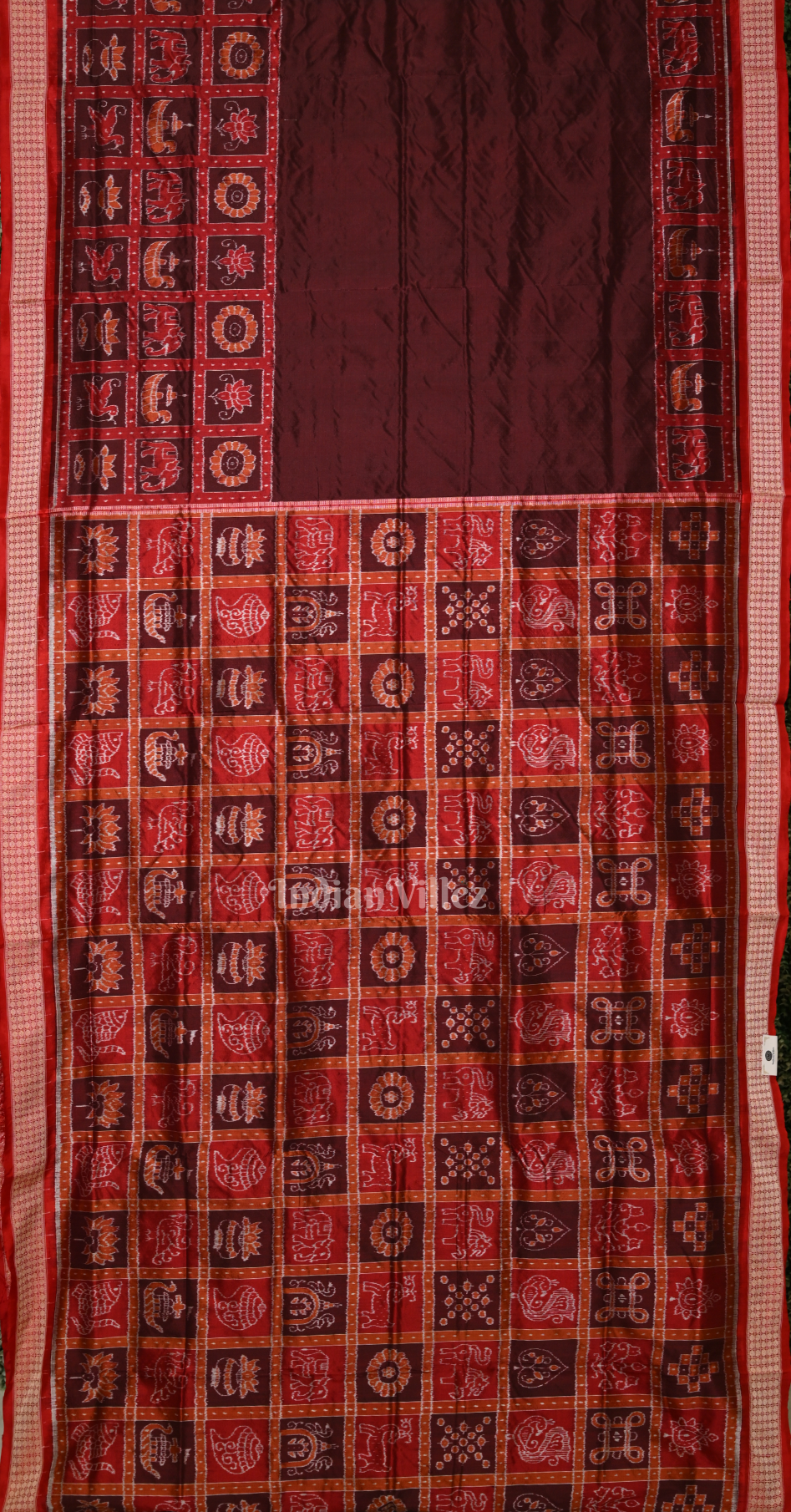 Red Coffee Nabakothi Odisha Ikat Sambalpuri Silk Saree with Peacock Anchal