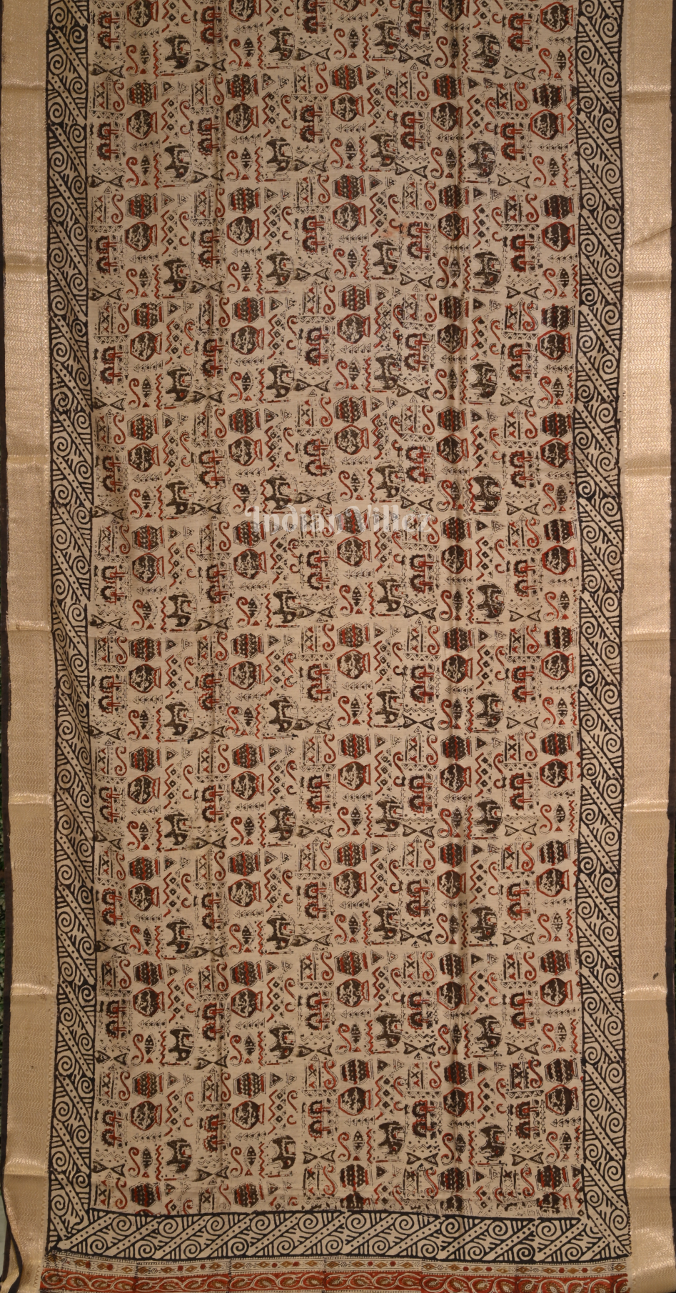 Beige with Multicolour Block Printed Bagru Cotton Saree 