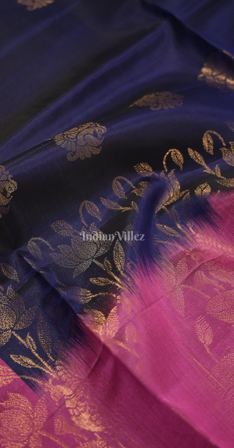 Navy Blue Pink Floral Zari Pure Kanjivaram Soft Silk Saree